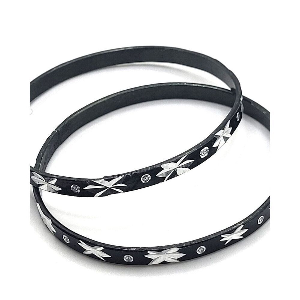 Set of 2 Diamond Cut Black Bangle Bracelets 7.8in